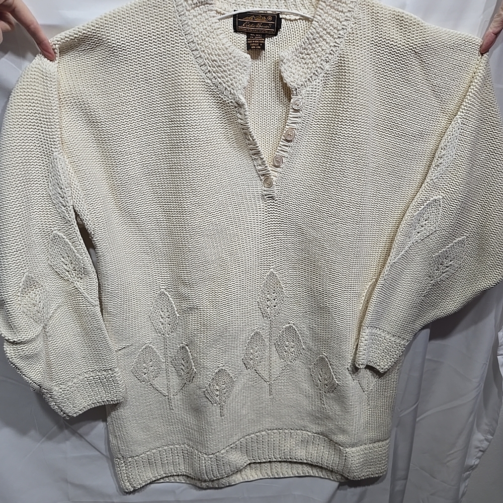Vintage Eddie Bauer Men's Medium Cable Knit Heavy Henley Sweater Cotton Cream